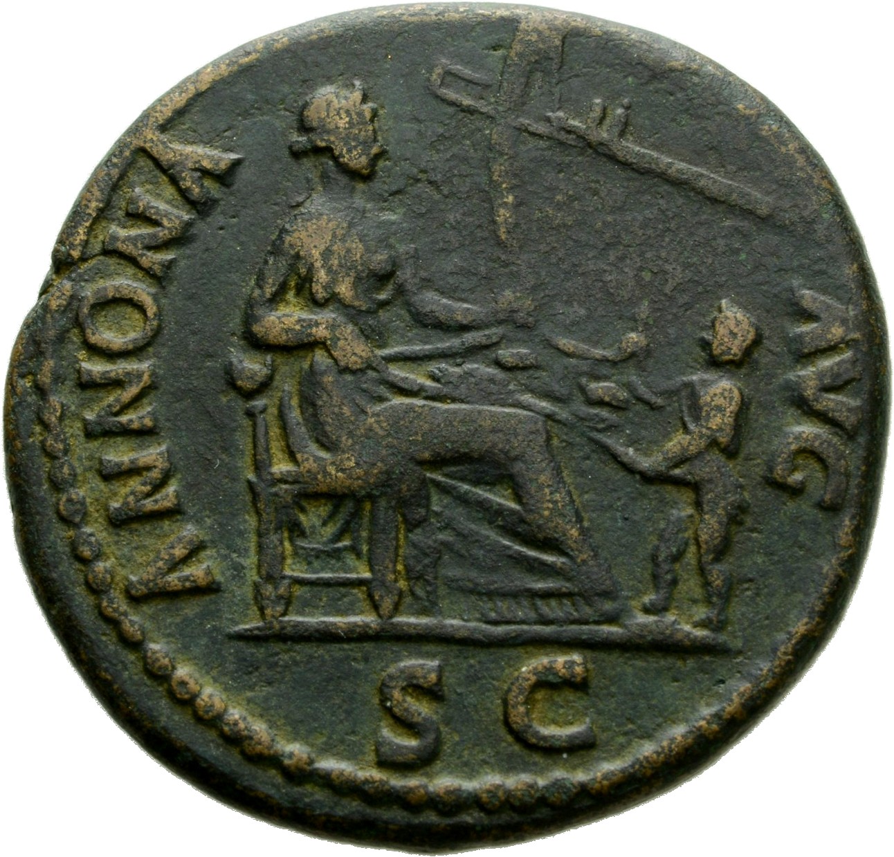 RIC II, Part 1 (second edition) Domitian 367 Domitian reverse, Annona seated right, holding sack of corn-ears; stern behin...