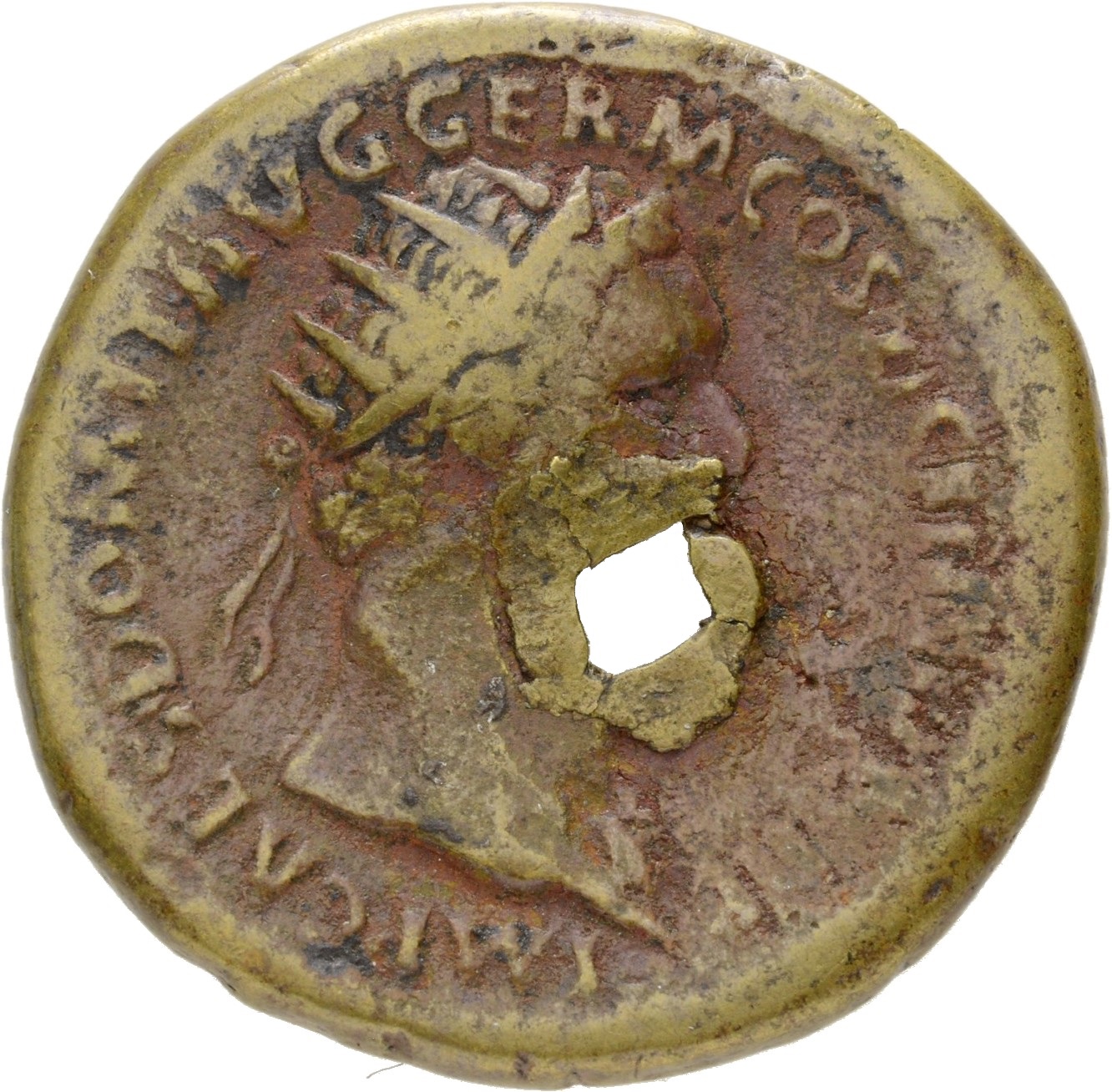 RIC II, Part 1 (second edition) Domitian 370 Domitian obverse, Bust of Domitian, radiate, right with aegis