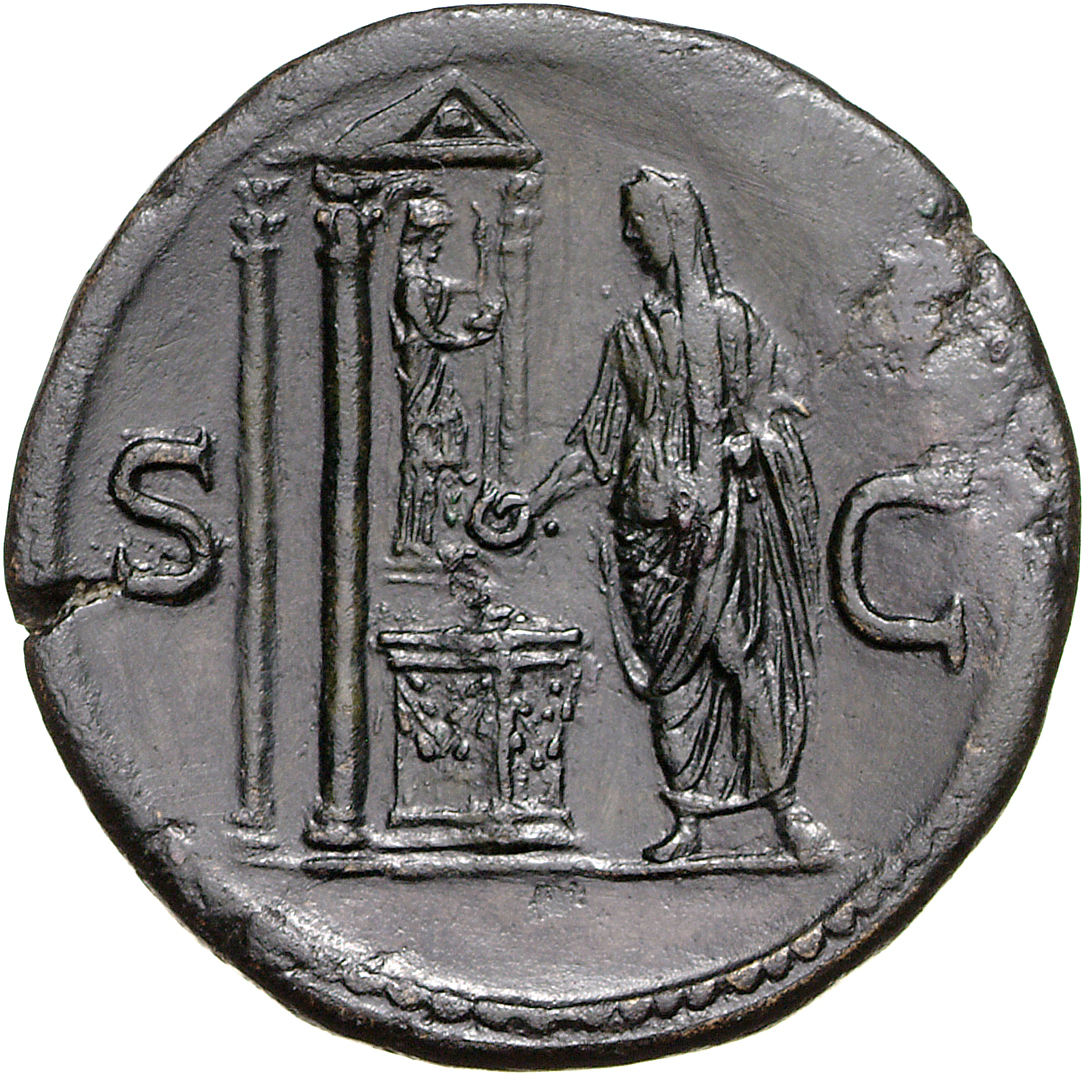 RIC II, Part 1 (second edition) Domitian 399 Domitian reverse, Domitian standing left sacrificing out of patera over light...