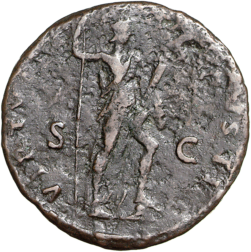 RIC II, Part 1 (second edition) Domitian 423 Domitian reverse, Virtus standing right, resting foot on helmet, holding spea...