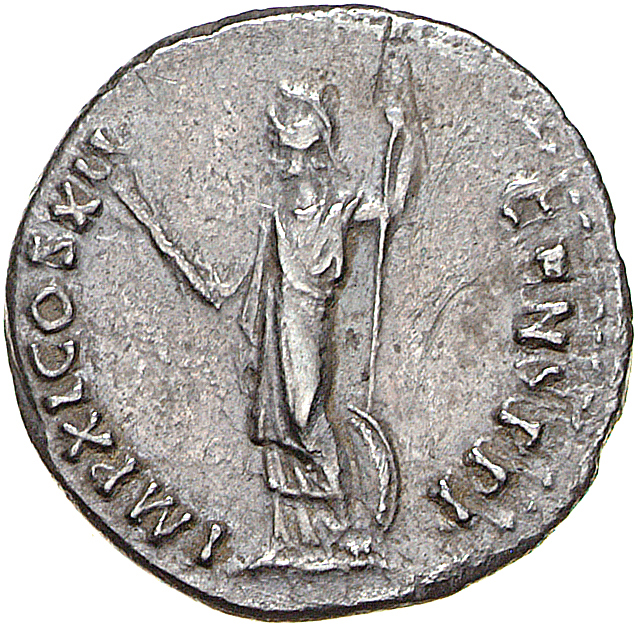 RIC II, Part 1 (second edition) Domitian 429 Domitian reverse, Minerva standing left, holding thunderbolt and spear; shiel...