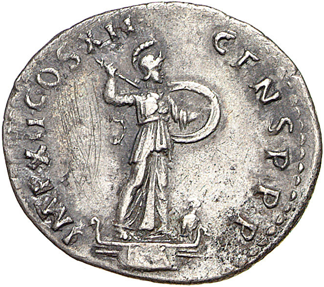 RIC II, Part 1 (second edition) Domitian 437 Domitian reverse, Minerva standing right on top of rostral column, holding sp...