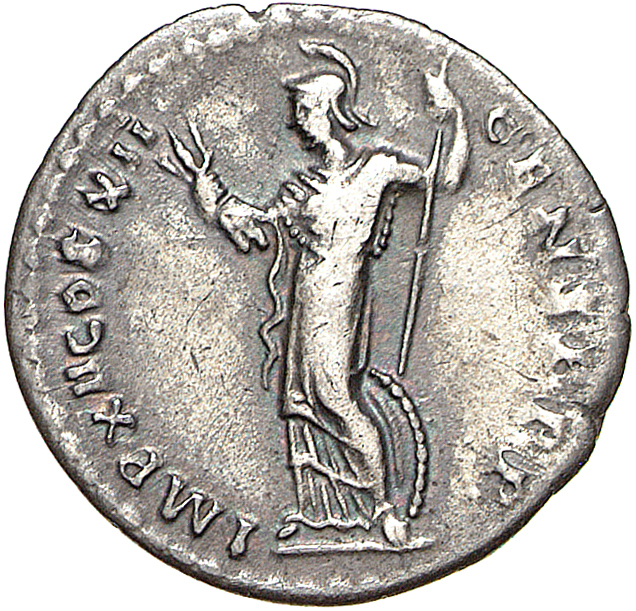 RIC II, Part 1 (second edition) Domitian 439 Domitian reverse, Minerva standing left, holding thunderbolt and spear; shiel...