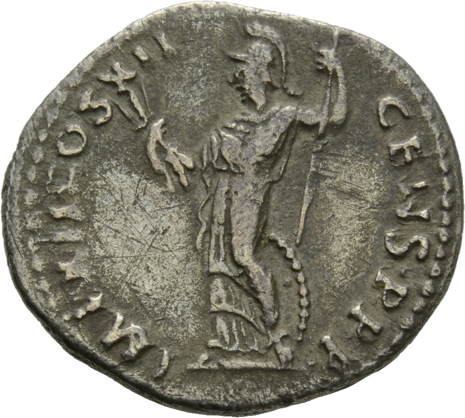 RIC II, Part 1 (second edition) Domitian 447 Domitian reverse, Minerva standing left, holding thunderbolt and spear; shiel...