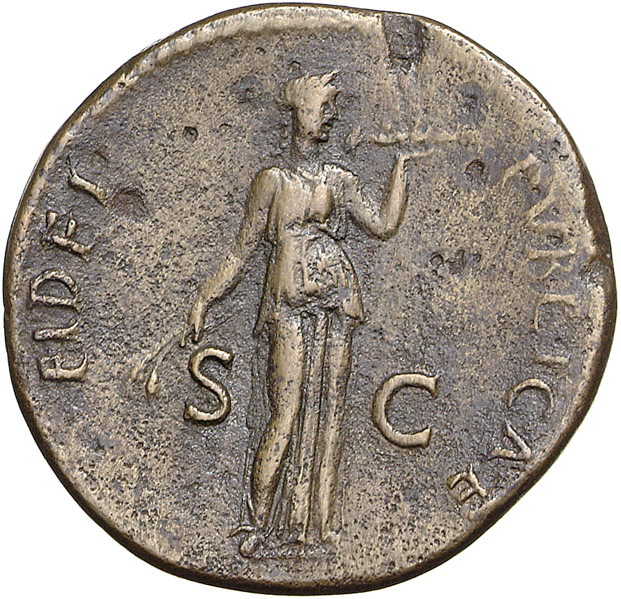 RIC II, Part 1 (second edition) Domitian 478 Domitian reverse, Fides standing right, holding corn-ears and plate of fruit