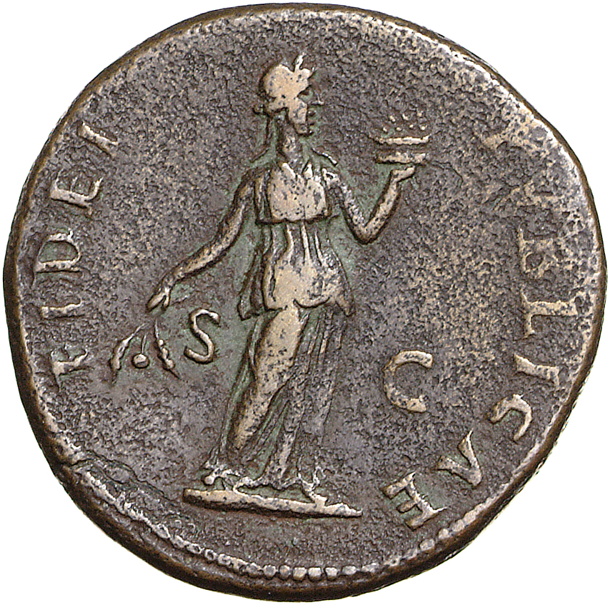 RIC II, Part 1 (second edition) Domitian 478 Domitian reverse, Fides standing right, holding corn-ears and plate of fruit