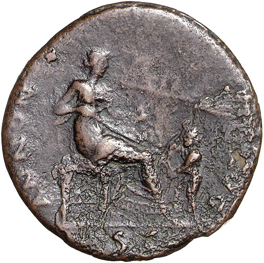 RIC II, Part 1 (second edition) Domitian 485 Domitian reverse, Annona seated right, holding sack of corn-ears; stern behin...