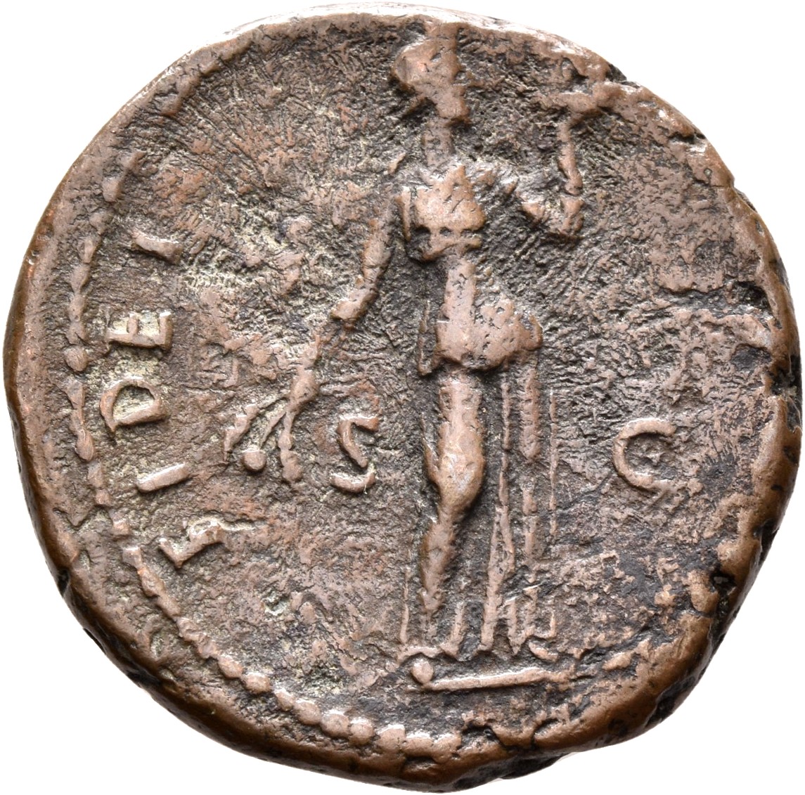 RIC II, Part 1 (second edition) Domitian 486 Domitian reverse, Fides standing right, holding corn-ears and plate of fruit