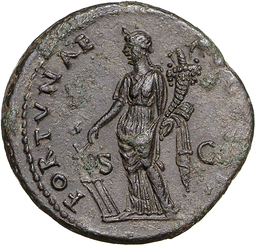 RIC II, Part 1 (second edition) Domitian 488 Domitian reverse, Fortuna standing left, holding rudder and cornucopiae