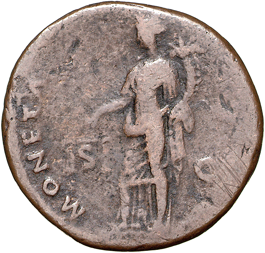 RIC II, Part 1 (second edition) Domitian 493 Domitian reverse, Moneta standing left, holding scales in right hand and corn...