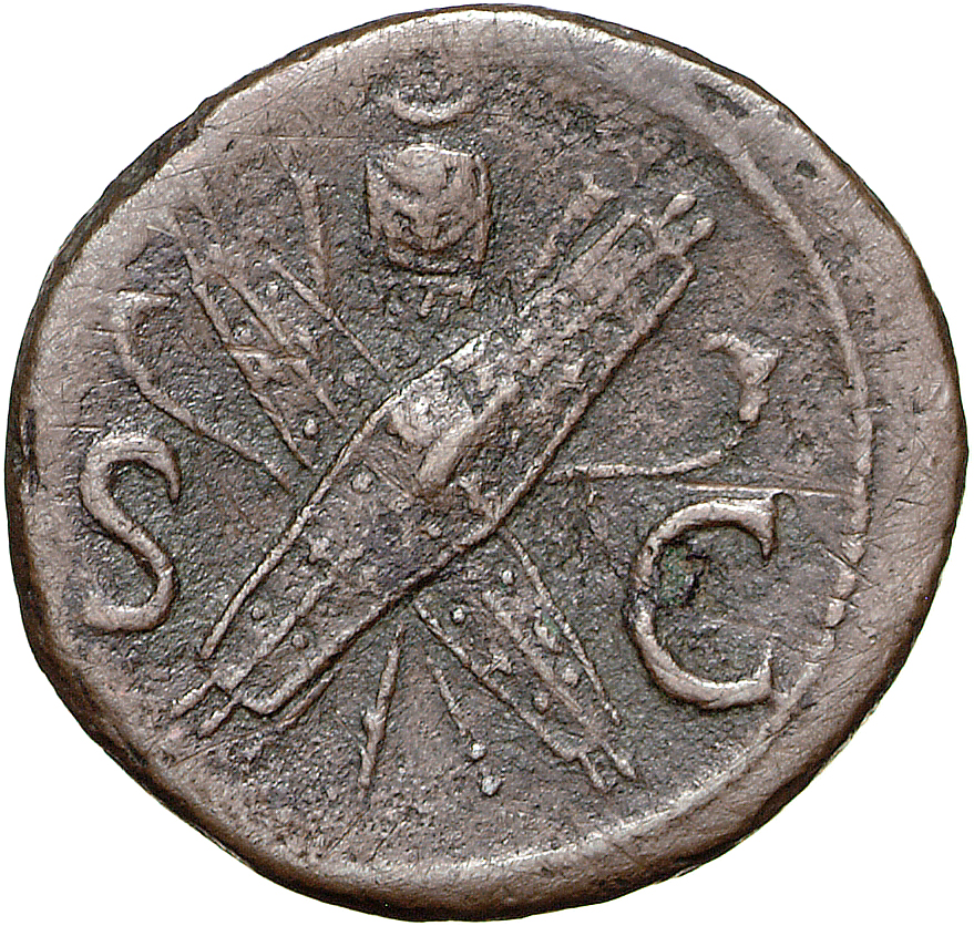 RIC II, Part 1 (second edition) Domitian 495 Domitian reverse, Oval shields crossed over crossed spears and trumpets, vexi...
