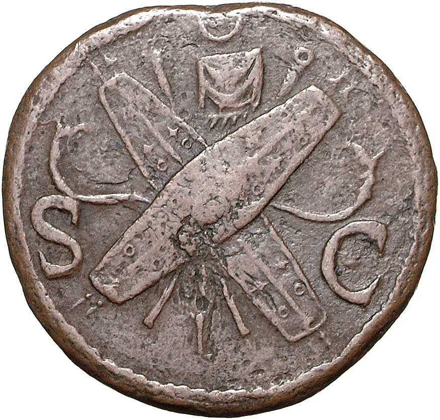 RIC II, Part 1 (second edition) Domitian 495 Domitian reverse, Oval shields crossed over crossed spears and trumpets, vexi...