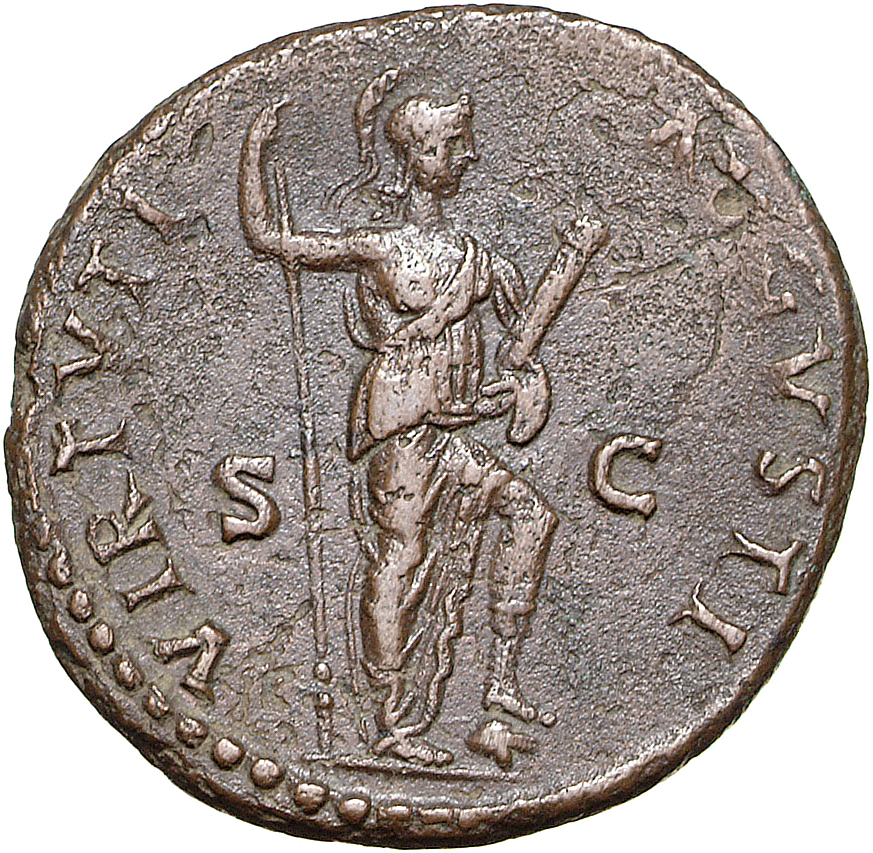 RIC II, Part 1 (second edition) Domitian 499 Domitian reverse, Virtus standing right, resting foot on helmet, holding spea...