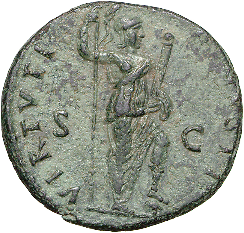RIC II, Part 1 (second edition) Domitian 499 Domitian reverse, Virtus standing right, resting foot on helmet, holding spea...