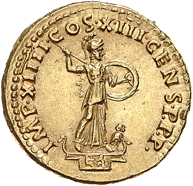 RIC II, Part 1 (second edition) Domitian 506 Domitian reverse, Minerva standing right on top of rostral column, holding sp...