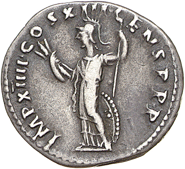 RIC II, Part 1 (second edition) Domitian 509 Domitian reverse, Minerva standing left, holding thunderbolt and spear; shiel...
