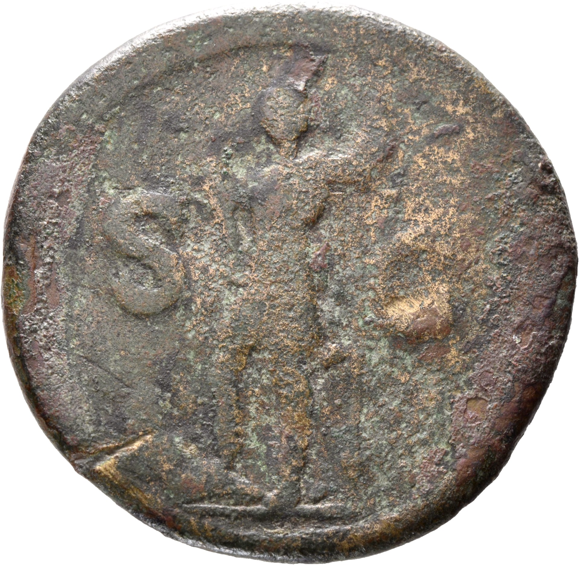 RIC II, Part 1 (second edition) Domitian 528 Domitian reverse, Domitian standing left, holding parazonium and spear; Rhenu...
