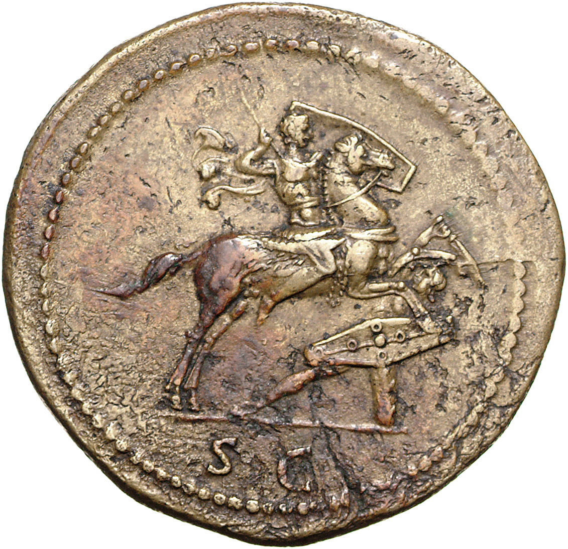 RIC II, Part 1 (second edition) Domitian 530 Domitian reverse, Domitian riding right, piercing German with spear