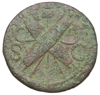 RIC II, Part 1 (second edition) Domitian 539 Domitian reverse, Oval shields crossed over crossed spears and trumpets, vexi...