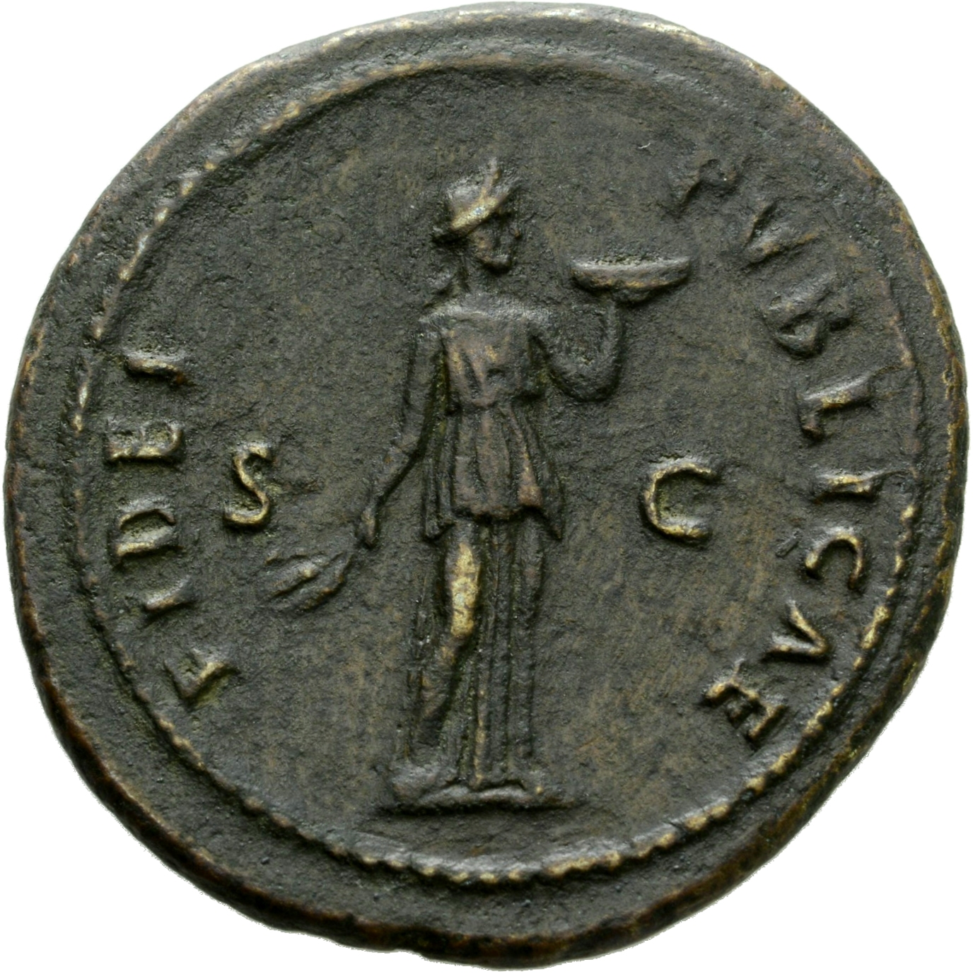 RIC II, Part 1 (second edition) Domitian 542 Domitian reverse, Fides standing right, holding corn-ears and plate of fruit