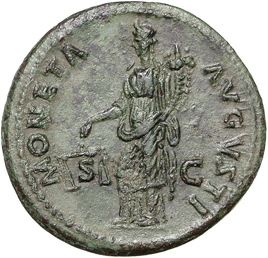 RIC II, Part 1 (second edition) Domitian 547 Domitian reverse, Moneta standing left, holding scales in right hand and corn...