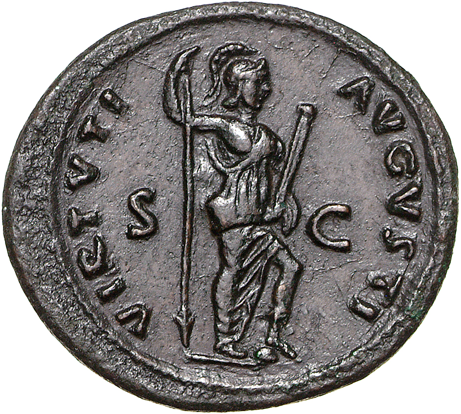 RIC II, Part 1 (second edition) Domitian 550 Domitian reverse, Virtus standing right, resting foot on helmet, holding spea...