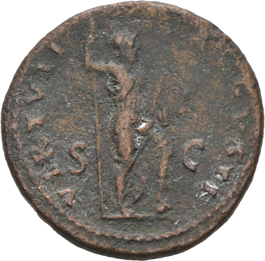 RIC II, Part 1 (second edition) Domitian 550 Domitian reverse, Virtus standing right, resting foot on helmet, holding spea...