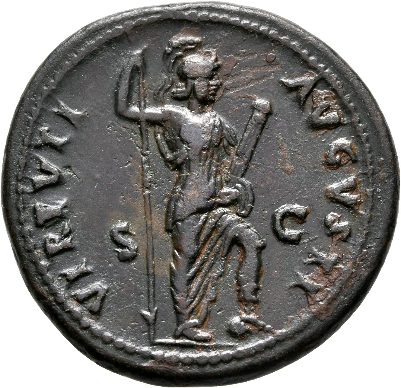 RIC II, Part 1 (second edition) Domitian 551 Domitian reverse, Virtus standing right, resting foot on helmet, holding spea...