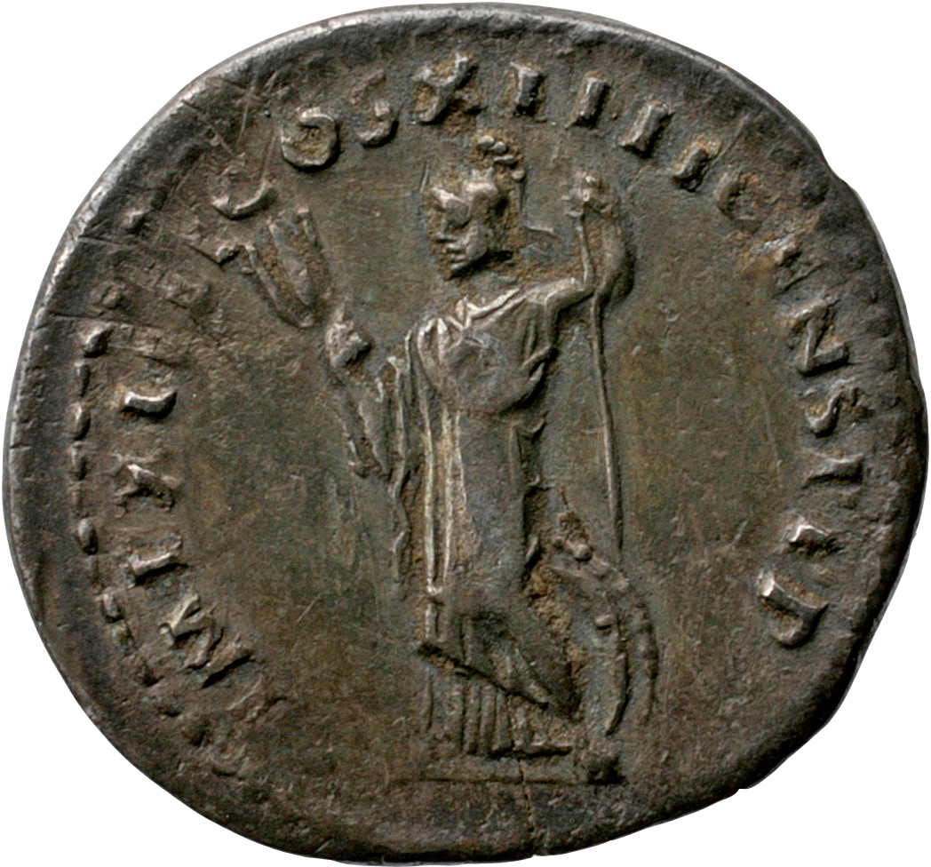 RIC II, Part 1 (second edition) Domitian 580 Domitian reverse, Minerva standing left, holding thunderbolt and spear; shiel...