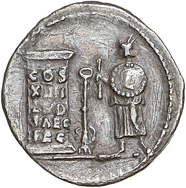 RIC II, Part 1 (second edition) Domitian 601 Domitian reverse, Herald, holding shield and wand, standing left of column in...