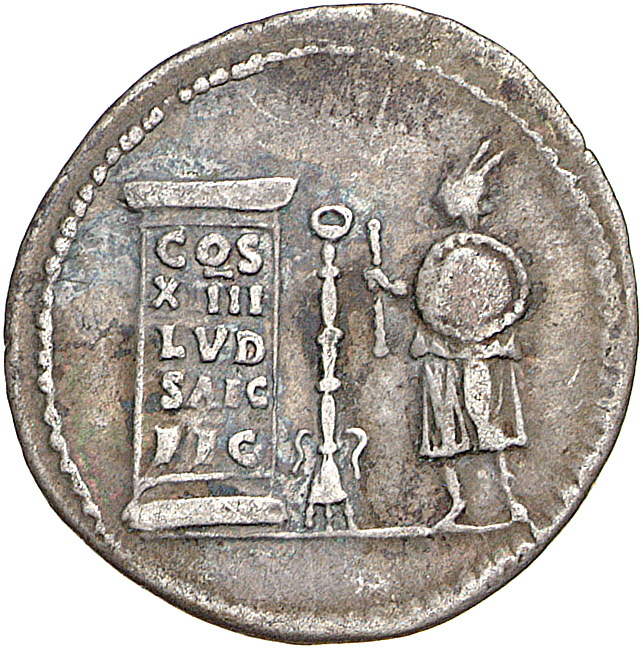 RIC II, Part 1 (second edition) Domitian 601 Domitian reverse, Herald, holding shield and wand, standing left of column in...