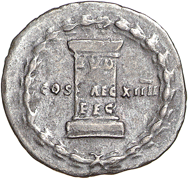 RIC II, Part 1 (second edition) Domitian 604 Domitian reverse, Legend and column inscribed LVD SAEC FEC within laurel wreath