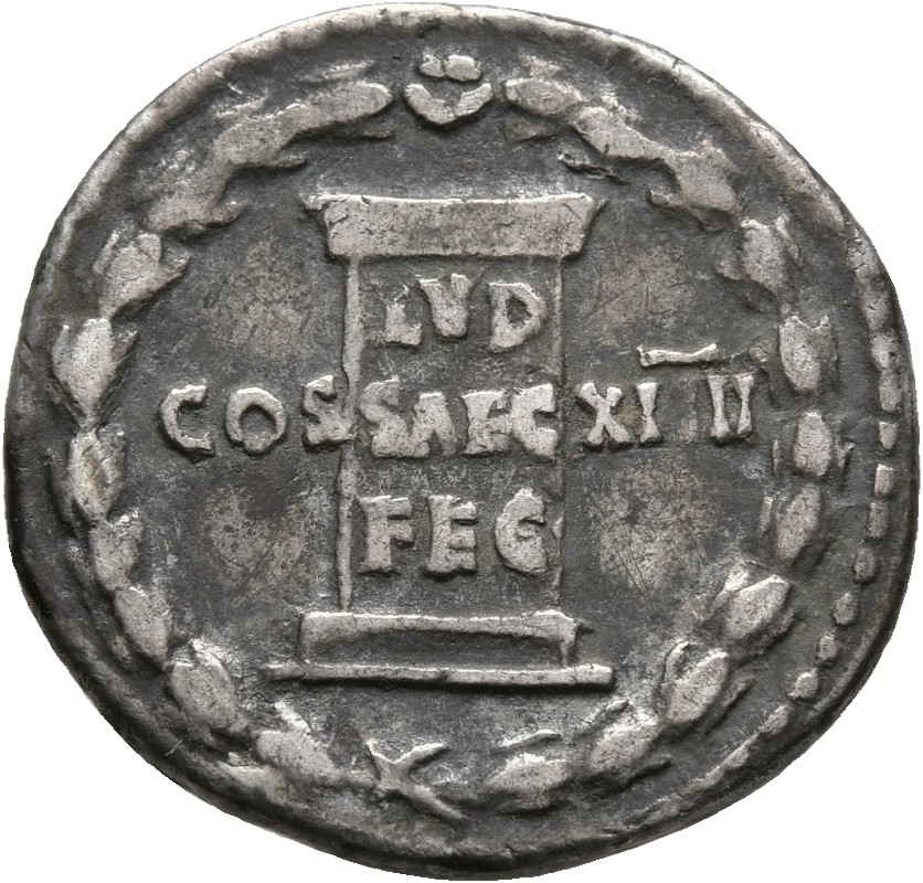 RIC II, Part 1 (second edition) Domitian 604 Domitian reverse, Legend and column inscribed LVD SAEC FEC within laurel wreath