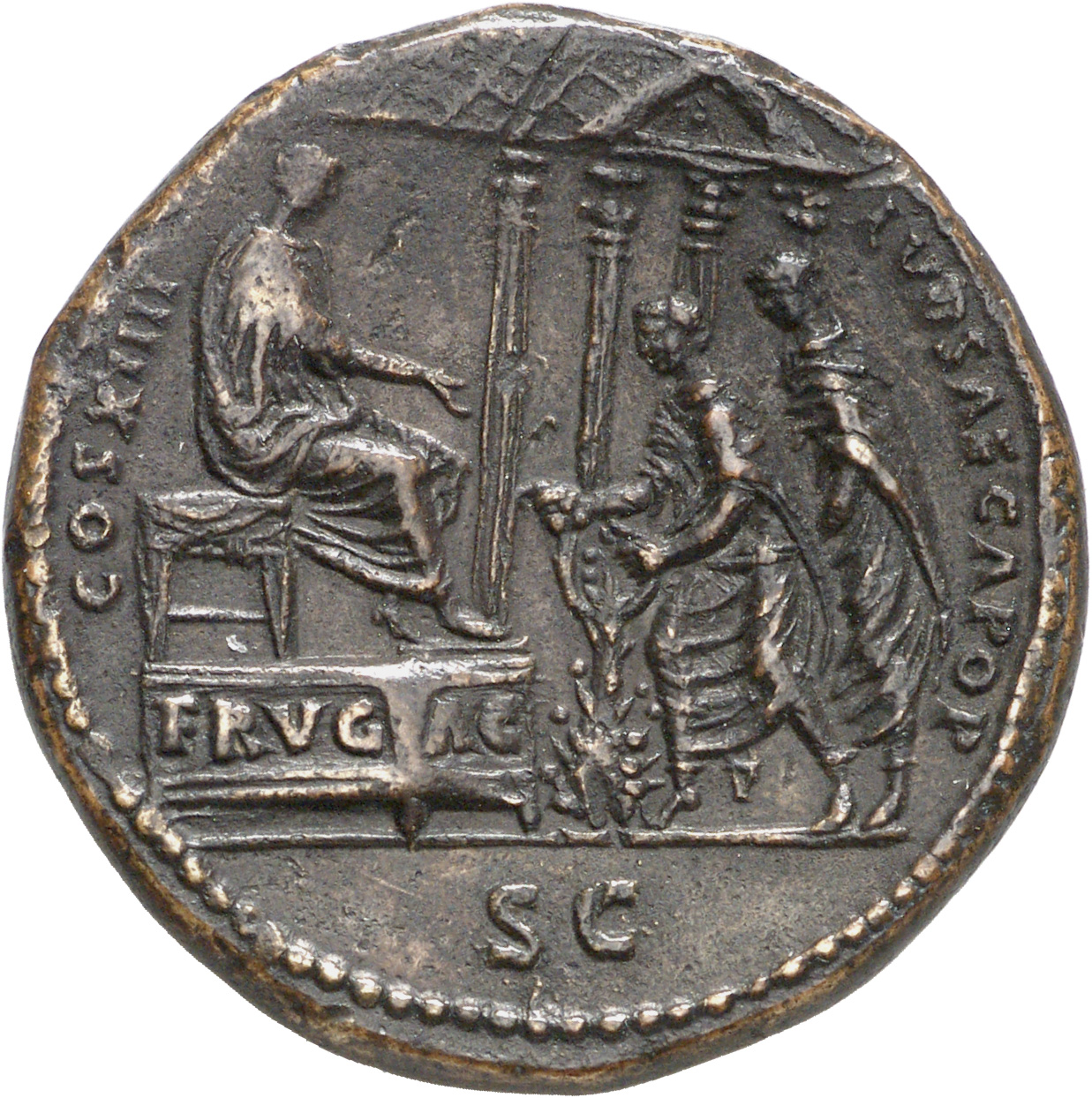 RIC II, Part 1 (second edition) Domitian 606 Domitian reverse, Domitian seated right on low platform inscribed FRVG AC fac...