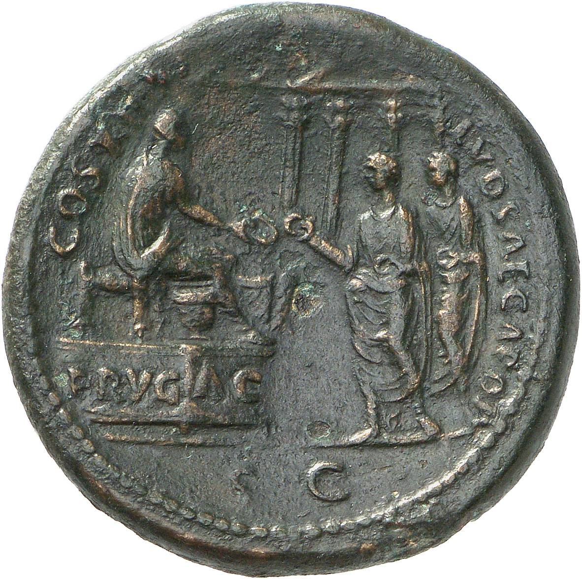 RIC II, Part 1 (second edition) Domitian 608 Domitian reverse, Domitian seated right on low platform inscribed FRVG AC, ho...