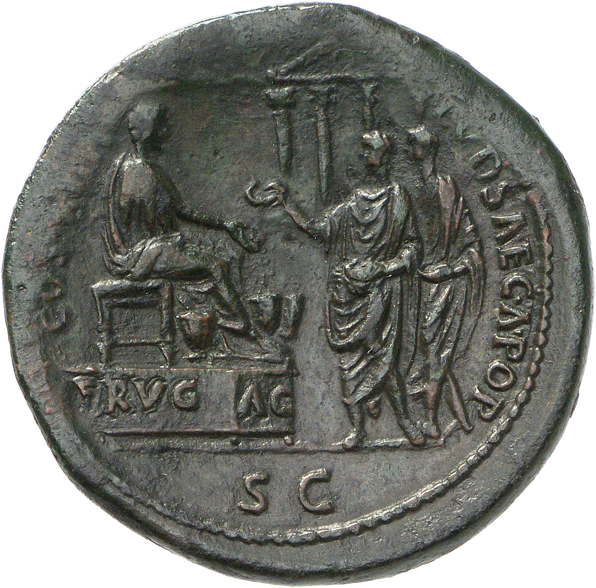 RIC II, Part 1 (second edition) Domitian 608 Domitian reverse, Domitian seated right on low platform inscribed FRVG AC, ho...