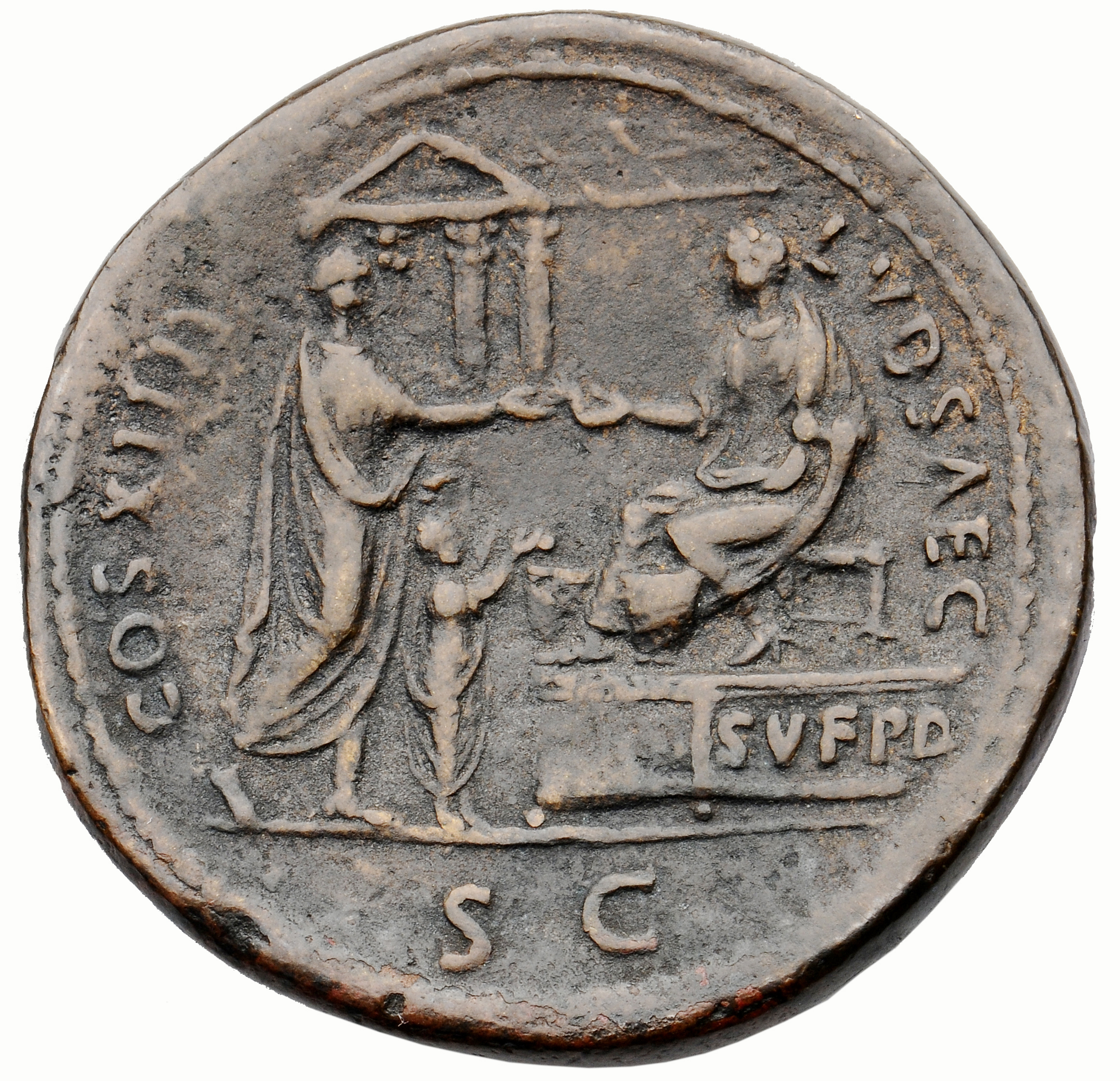 RIC II, Part 1 (second edition) Domitian 609 Domitian reverse, Domitian seated left on low platform inscribed SVF P D, rea...