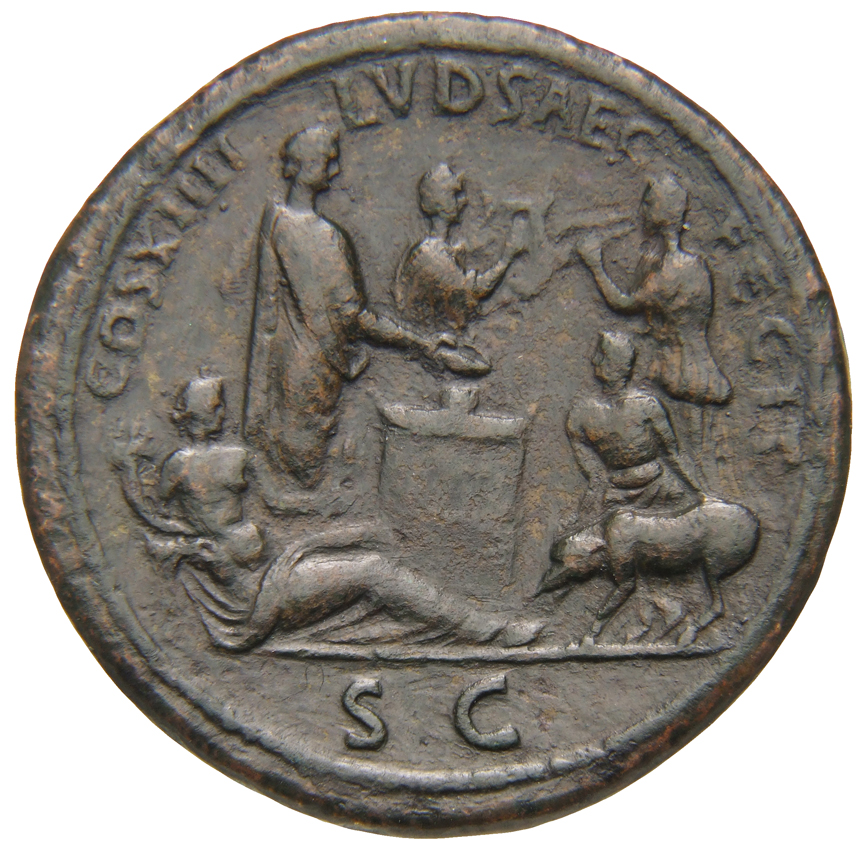 RIC II, Part 1 (second edition) Domitian 613 Domitian reverse, Domitian standing right over altar; victimarius with pig ri...
