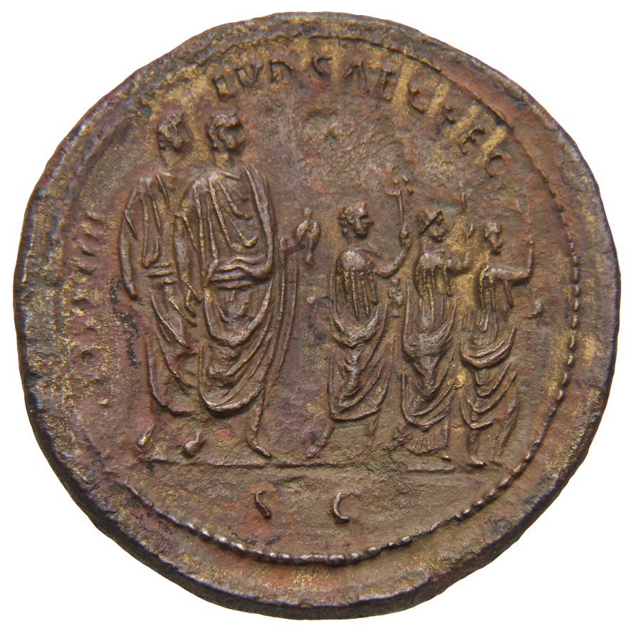 RIC II, Part 1 (second edition) Domitian 615 Domitian reverse, Domitian standing right; attendant left; three children car...