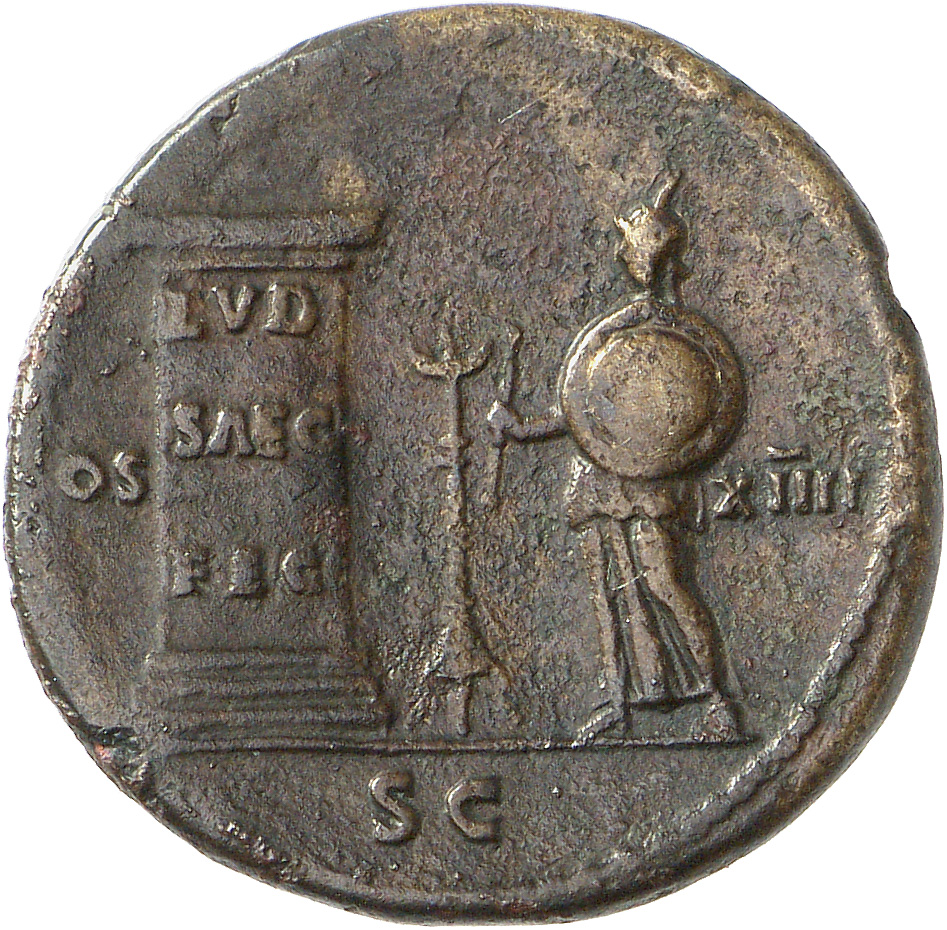 RIC II, Part 1 (second edition) Domitian 617 Domitian reverse, Herald, holding shield and wand, standing left of column in...