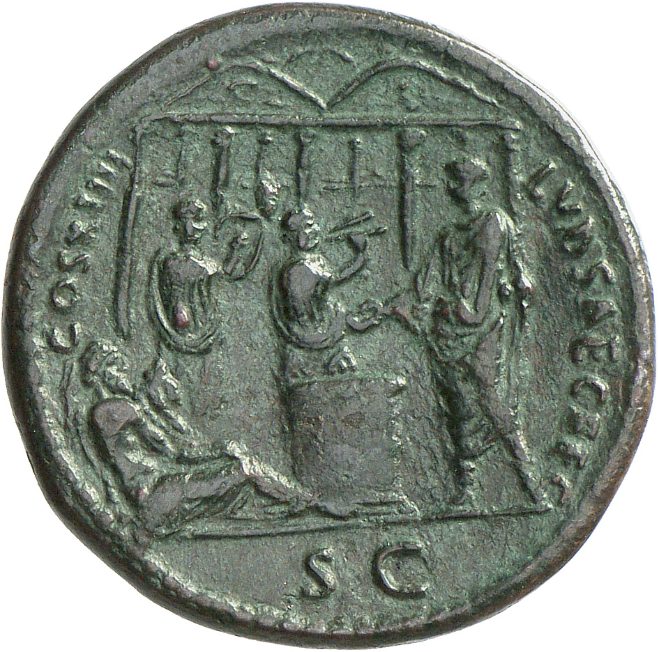 RIC II, Part 1 (second edition) Domitian 621 Domitian reverse, Domitian standing left over altar; Tiber reclining left; fl...