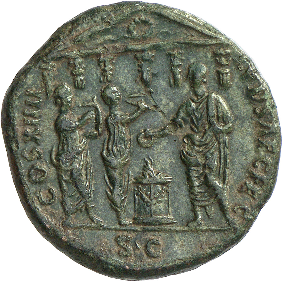 RIC II, Part 1 (second edition) Domitian 623 Domitian reverse, Domitian standing left over altar; flute and lyre players l...