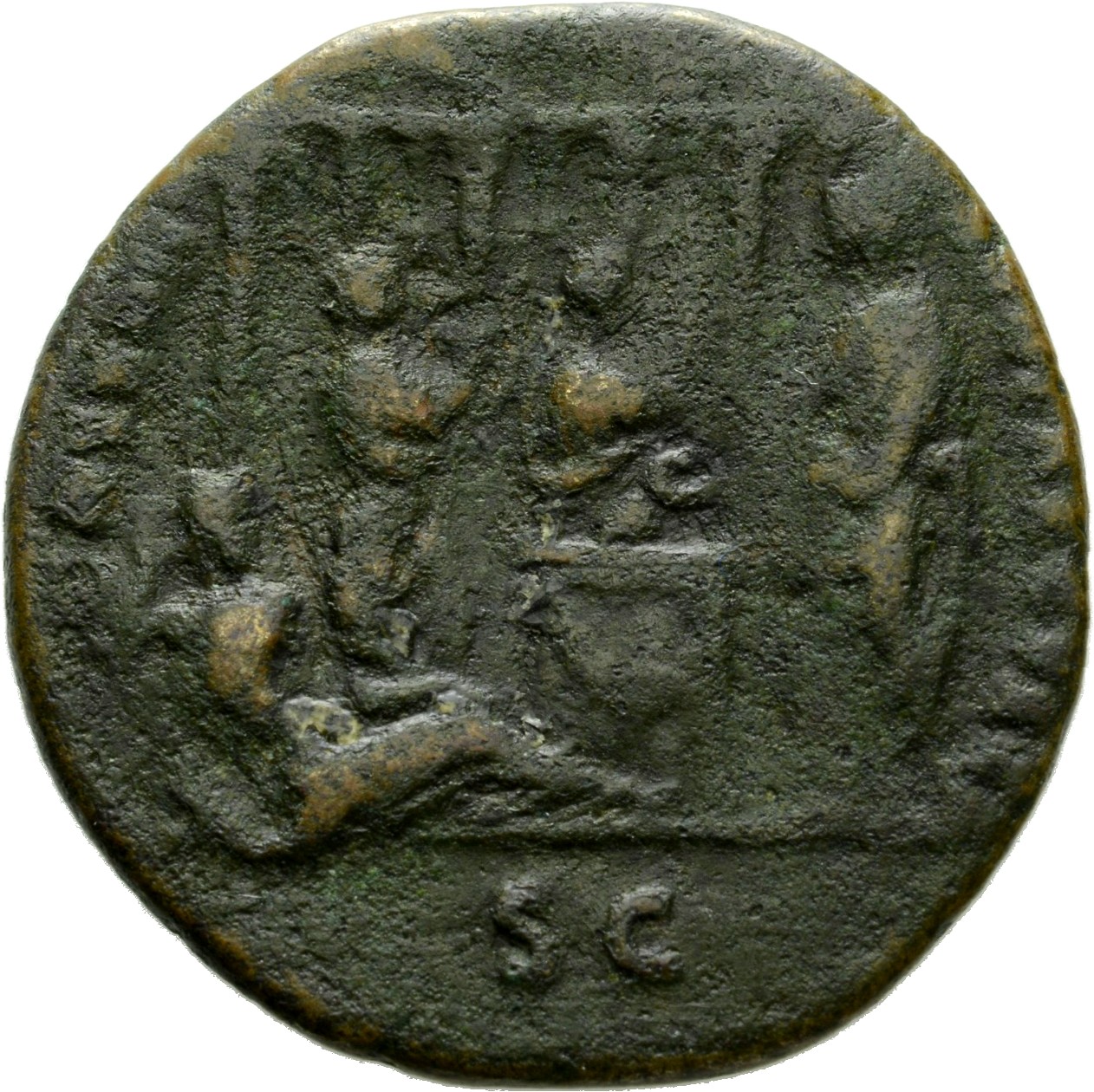 RIC II, Part 1 (second edition) Domitian 627 Domitian reverse, Domitian standing left over altar; Tiber reclining left; fl...