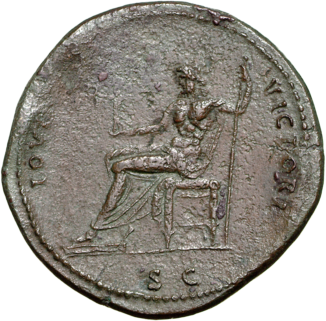 RIC II, Part 1 (second edition) Domitian 633 Domitian reverse, Jupiter seated left, holding Victory in right and vertical ...