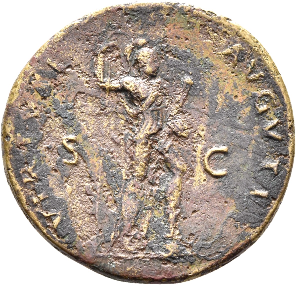 RIC II, Part 1 (second edition) Domitian 644 Domitian reverse, Virtus standing right, resting foot on helmet, holding spea...