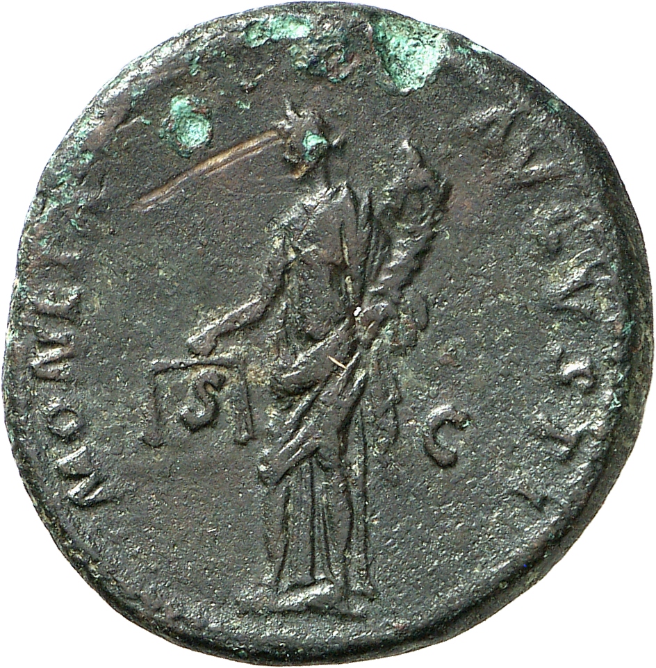 RIC II, Part 1 (second edition) Domitian 649 Domitian reverse, Moneta standing left, holding scales in right hand and corn...