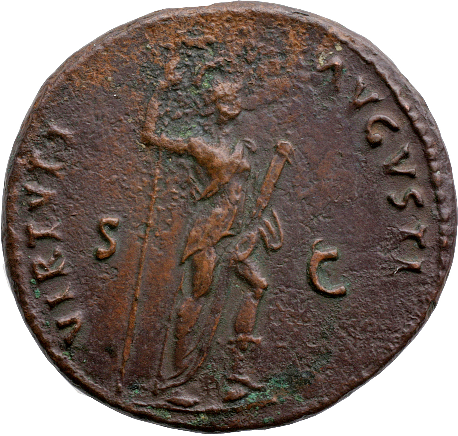 RIC II, Part 1 (second edition) Domitian 650 Domitian reverse, Virtus standing right, resting foot on helmet, holding spea...