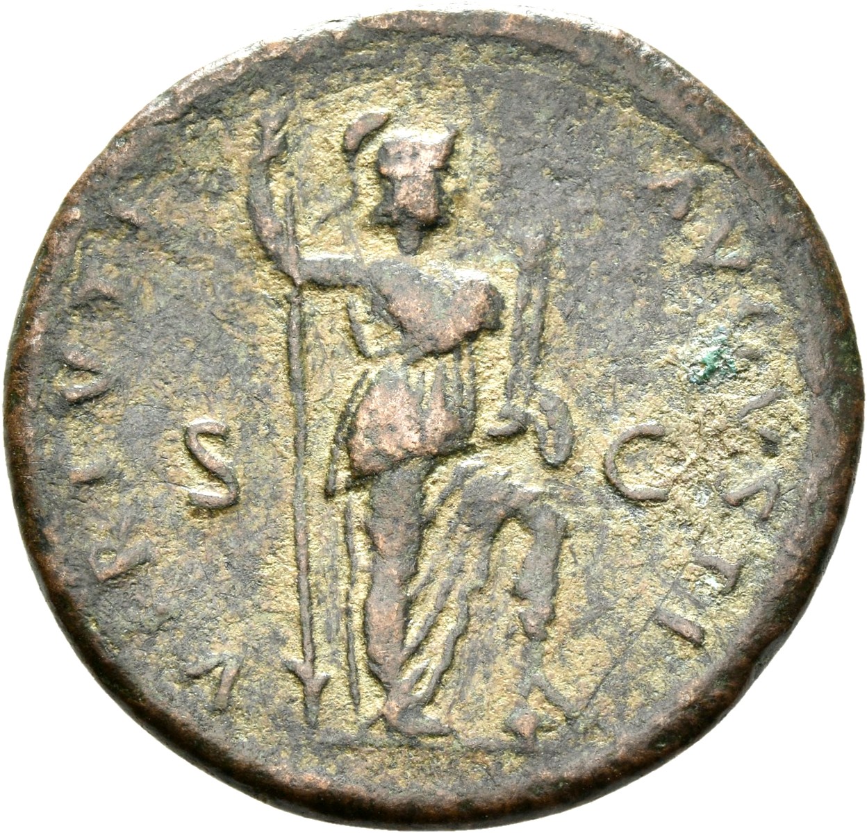 RIC II, Part 1 (second edition) Domitian 650 Domitian reverse, Virtus standing right, resting foot on helmet, holding spea...