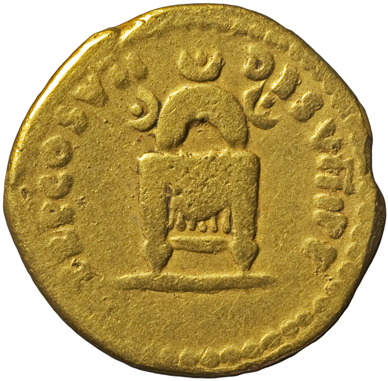 RIC II, Part 1 (second edition) Domitian 66 Domitian reverse, Square seat, draped; semicircular frame with three crescents...