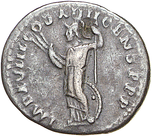 RIC II, Part 1 (second edition) Domitian 665 Domitian reverse, Minerva standing left, holding thunderbolt and spear; shiel...